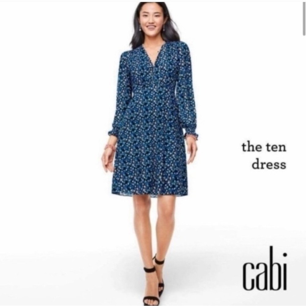 Cabi #5772 size Small The Ten Dress Blue Floral Long Sleeve Dress EUC Nylon Mesh
